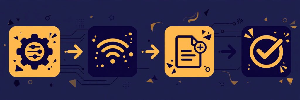Flat vector illustration of a crypto trading bot workflow from rule to executed trade
