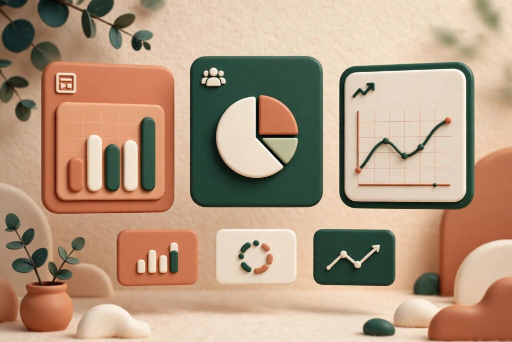 3D render of a personal brand dashboard with content and audience panels