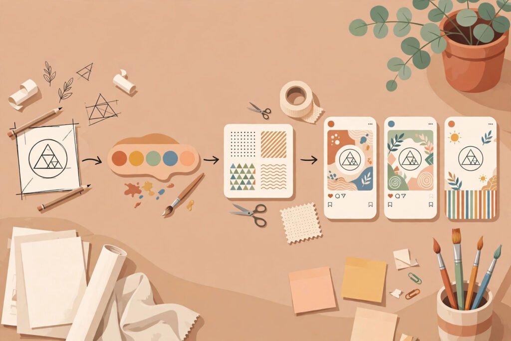 Flat vector illustration of a brand kit workflow from logo to social templates