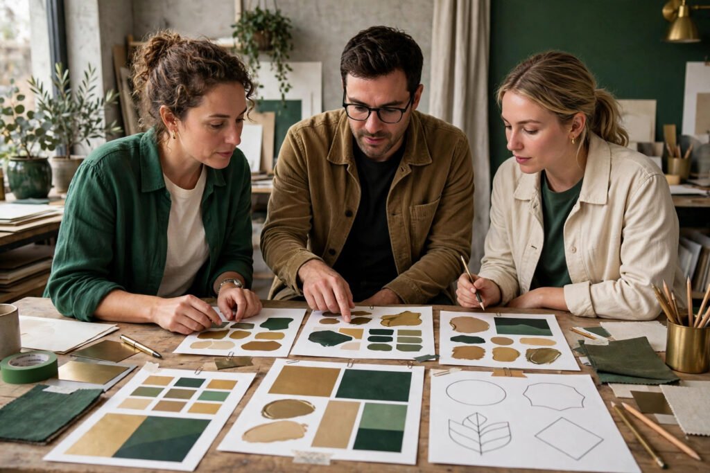 Editorial photo of a team reviewing a logo and brand kit for a new business
