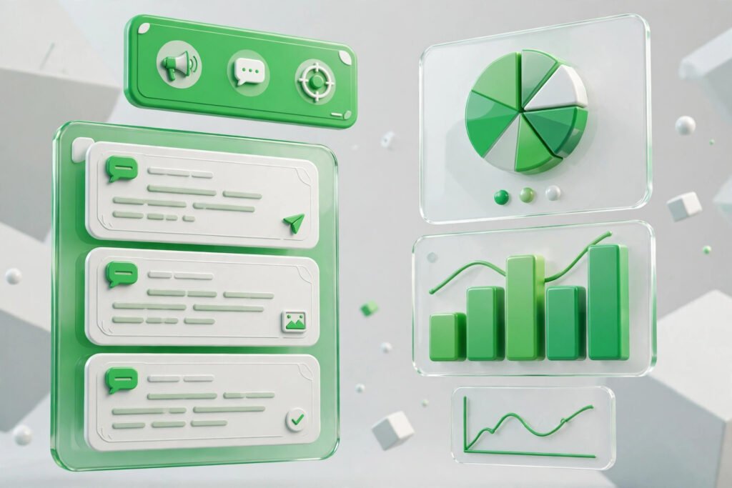 3D render of a WhatsApp broadcast campaign dashboard