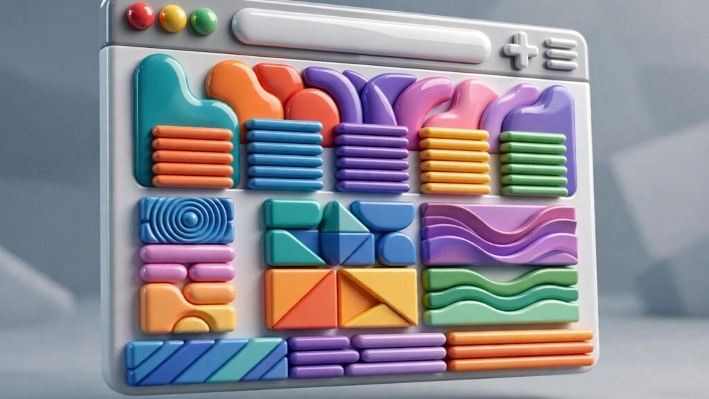 3D render of a browser window showing a website layout