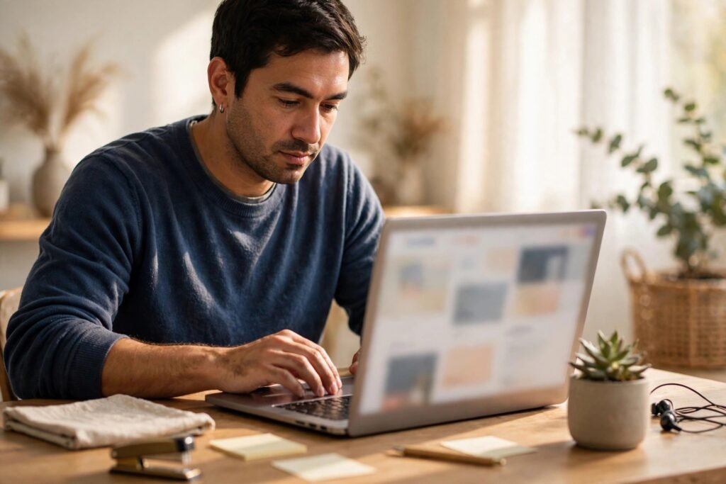 Small business owner editing a website on a laptop