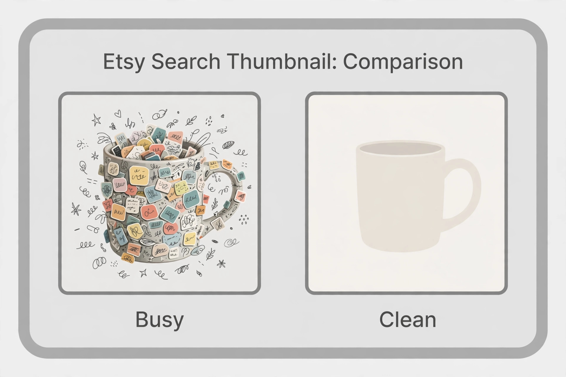 Comparison of busy versus clean Etsy first images at thumbnail size