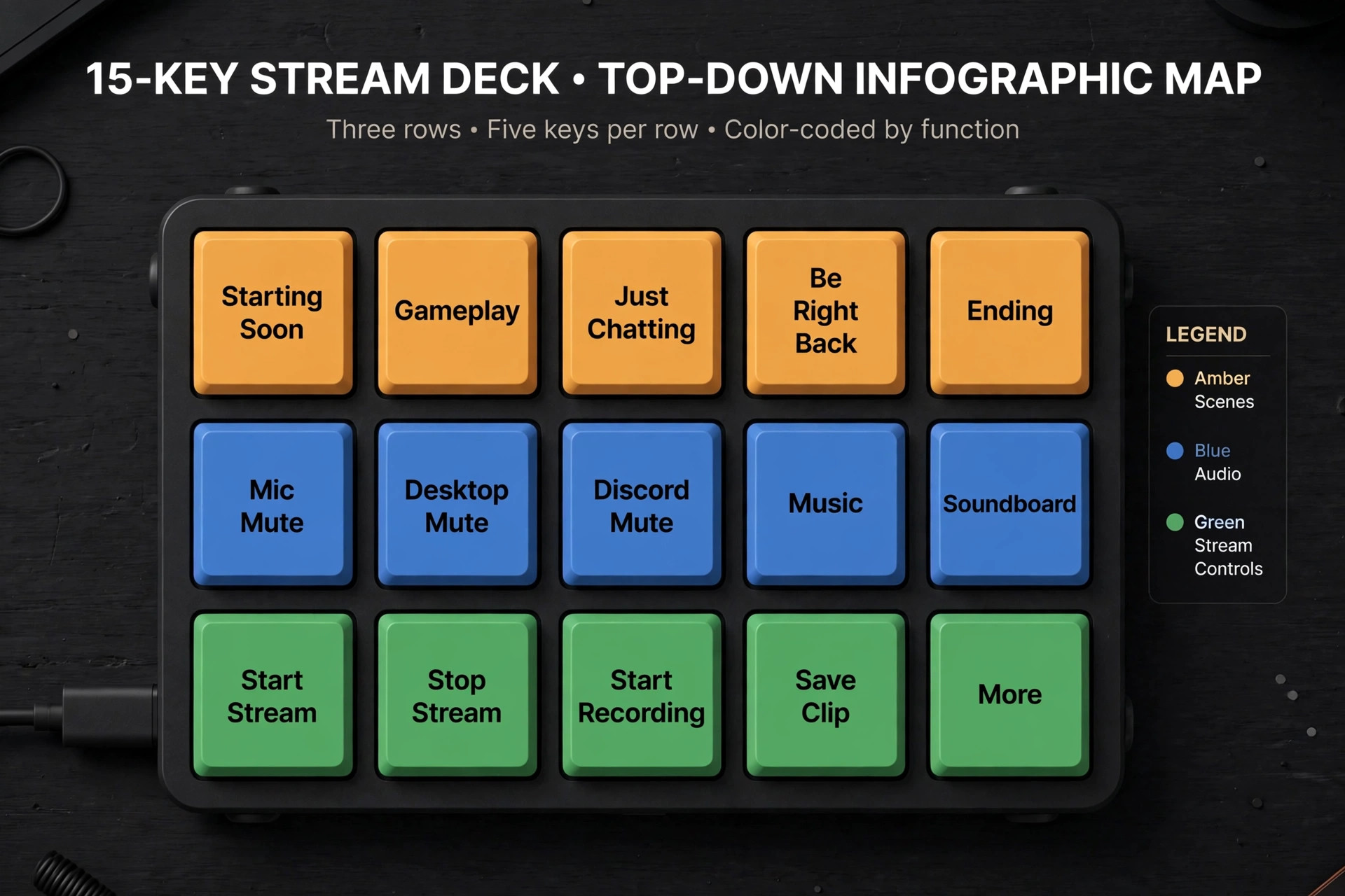 Stream Deck button layout map for streaming scenes audio and clips