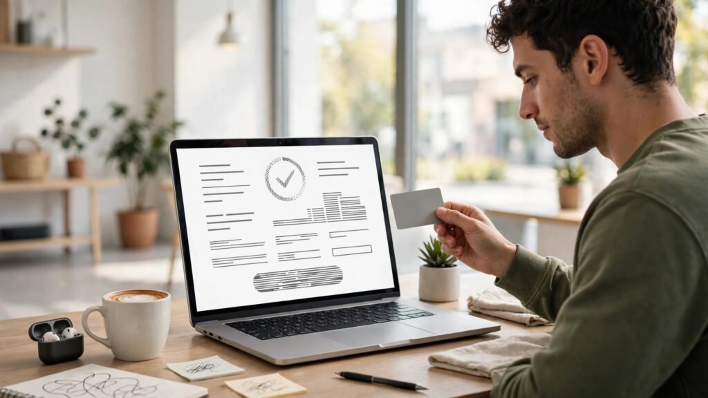 Buyer completing a card checkout on a laptop