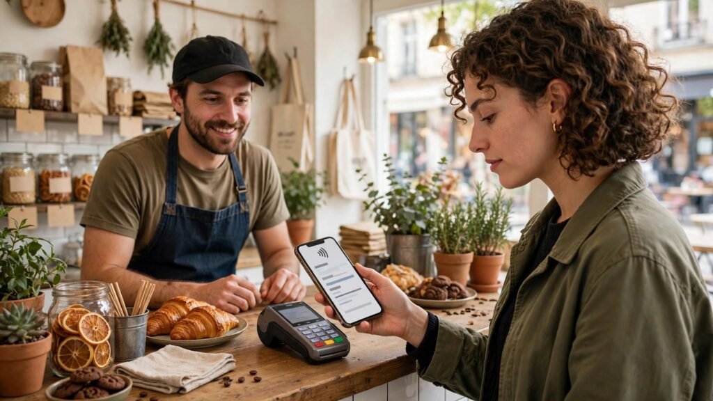 Buyer paying with a phone wallet