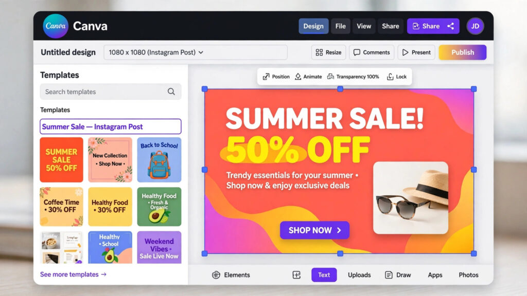 Canva template editor — canva vs adobe express design workspace