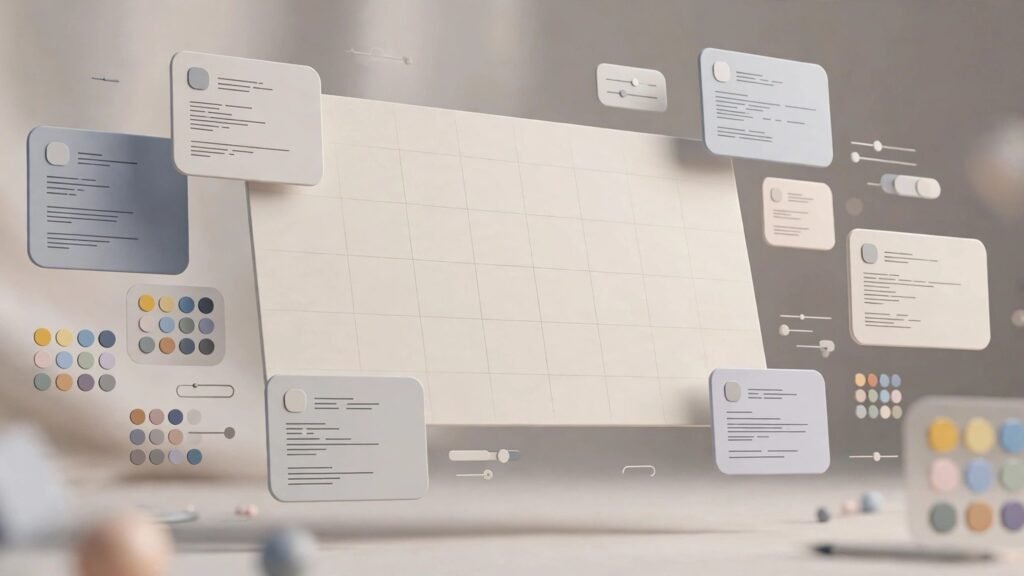 3D render of a design canvas with floating UI cards