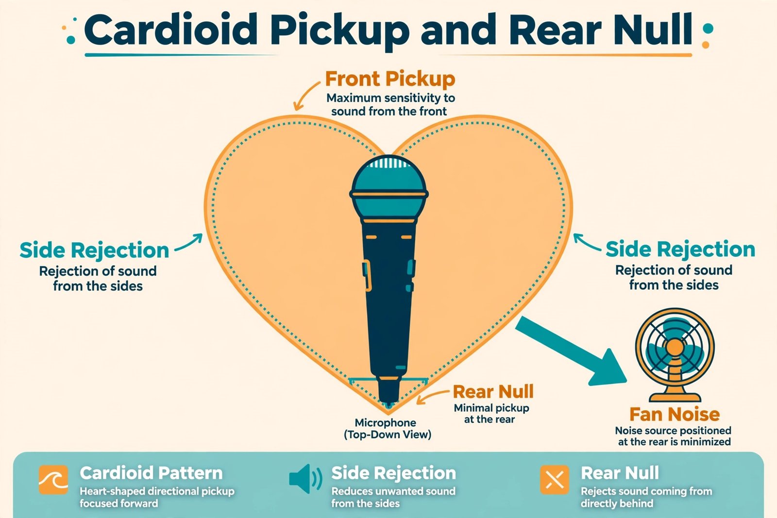 Annotated cardioid microphone diagram showing rear null aimed at room noise