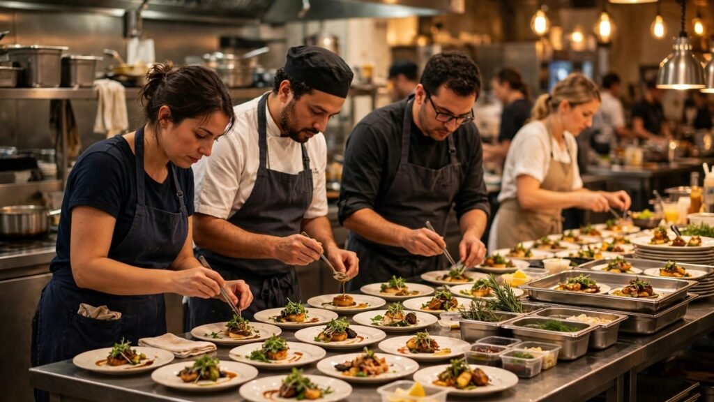 Catering team plating dishes for a large event