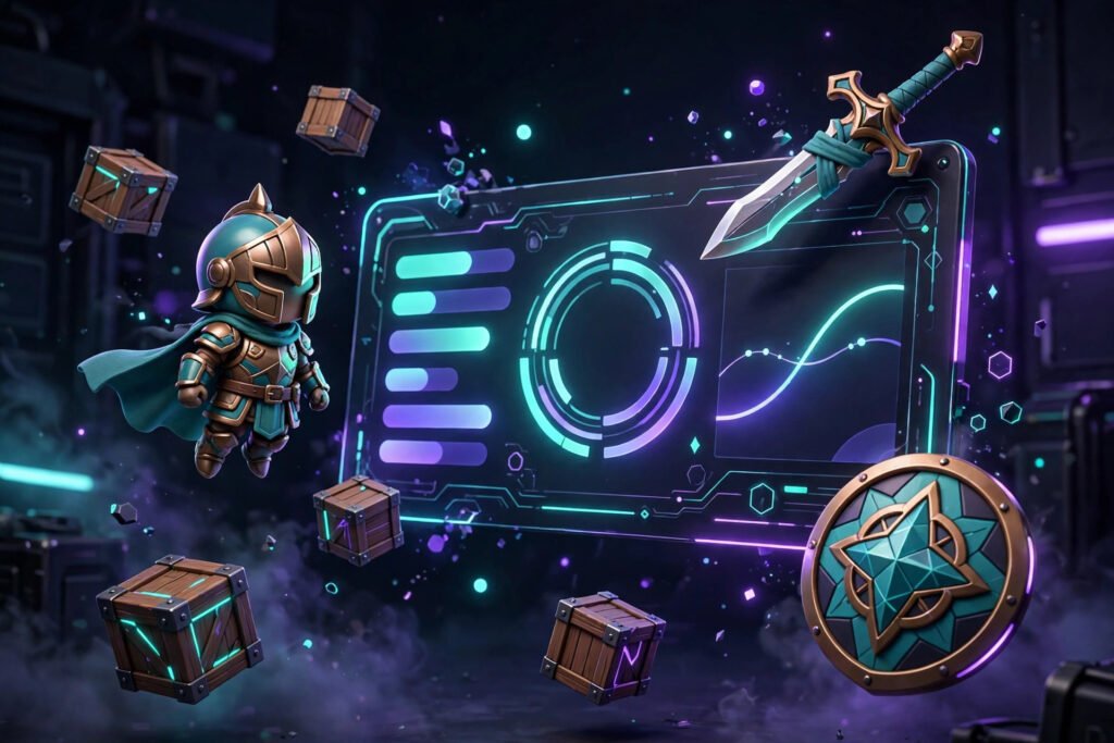 3D render of a game character and props around a testing dashboard