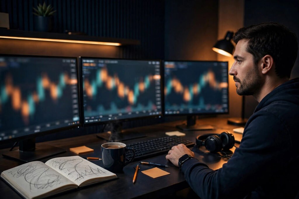 Photorealistic photo of a crypto trader reviewing charts on a desk