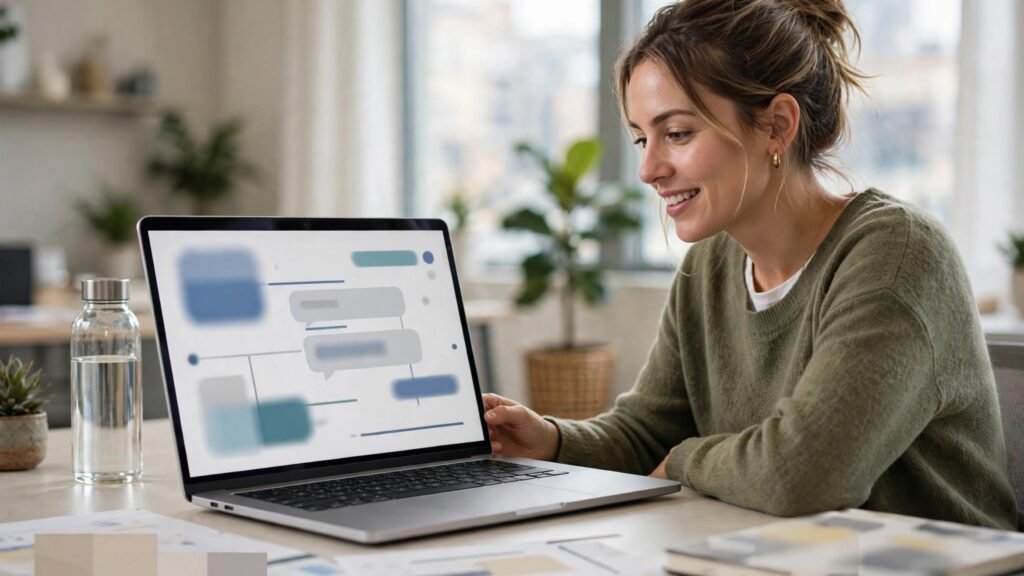 Person chatting with an AI assistant on a laptop in a bright office