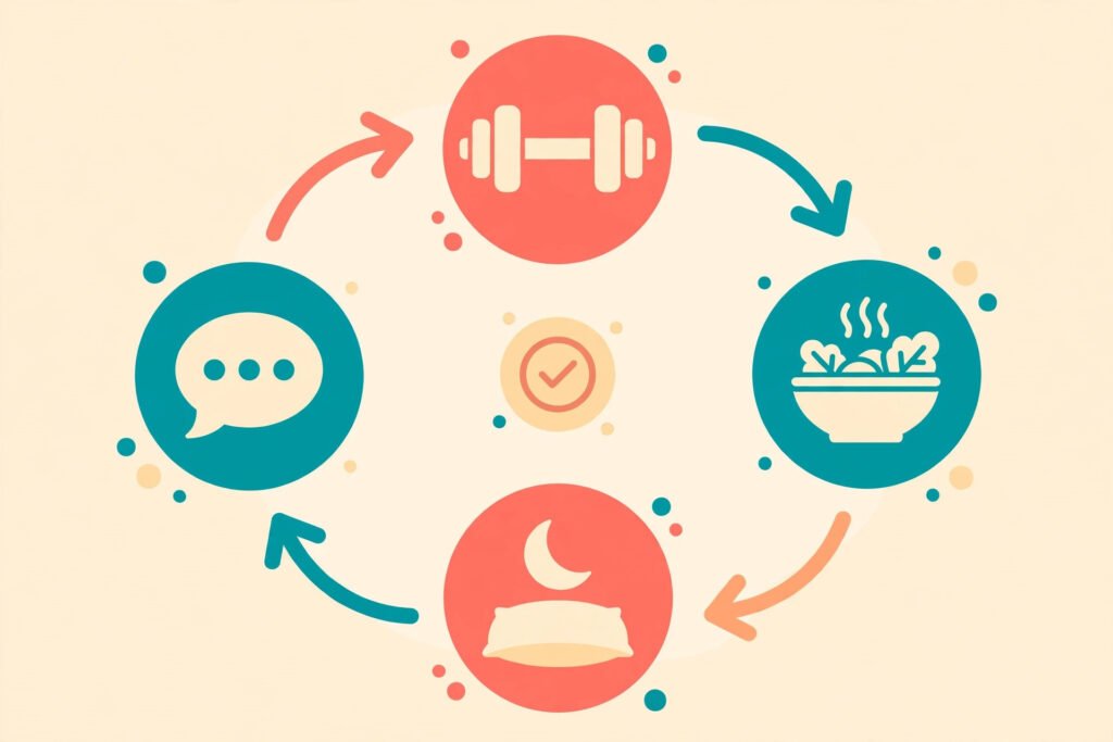 Flat vector illustration of a weekly check-in workflow