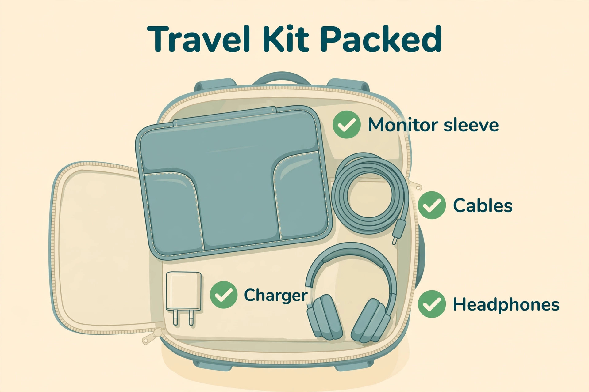 Portable monitor travel kit checklist in a packed bag