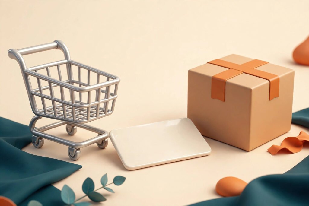 3D render of an online checkout with cart card and delivery box