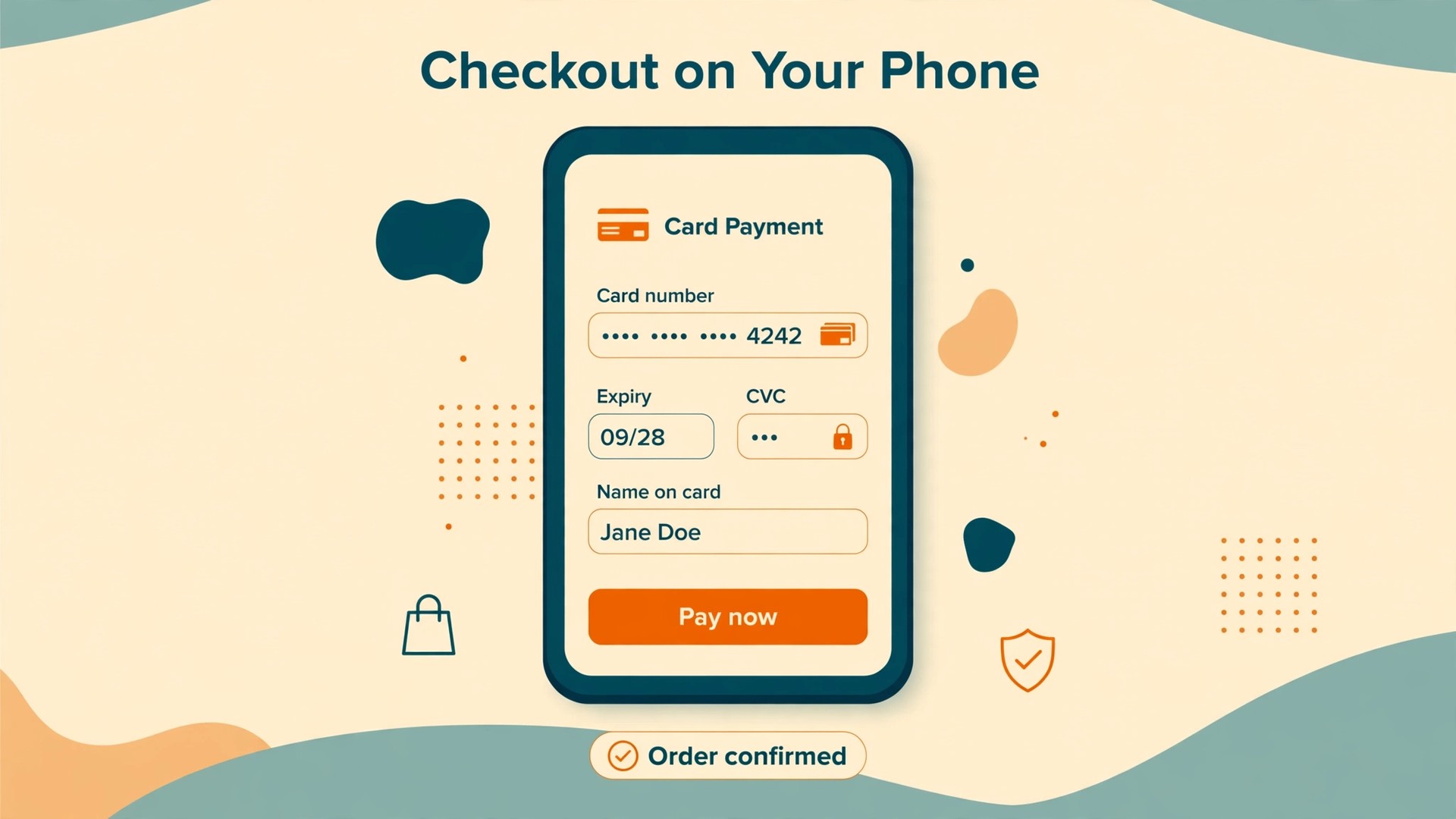 Phone showing a Squarespace checkout with card payment