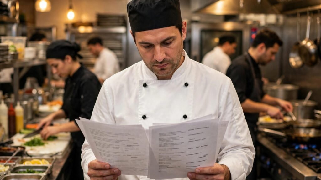 Chef reviewing catering production sheet before service