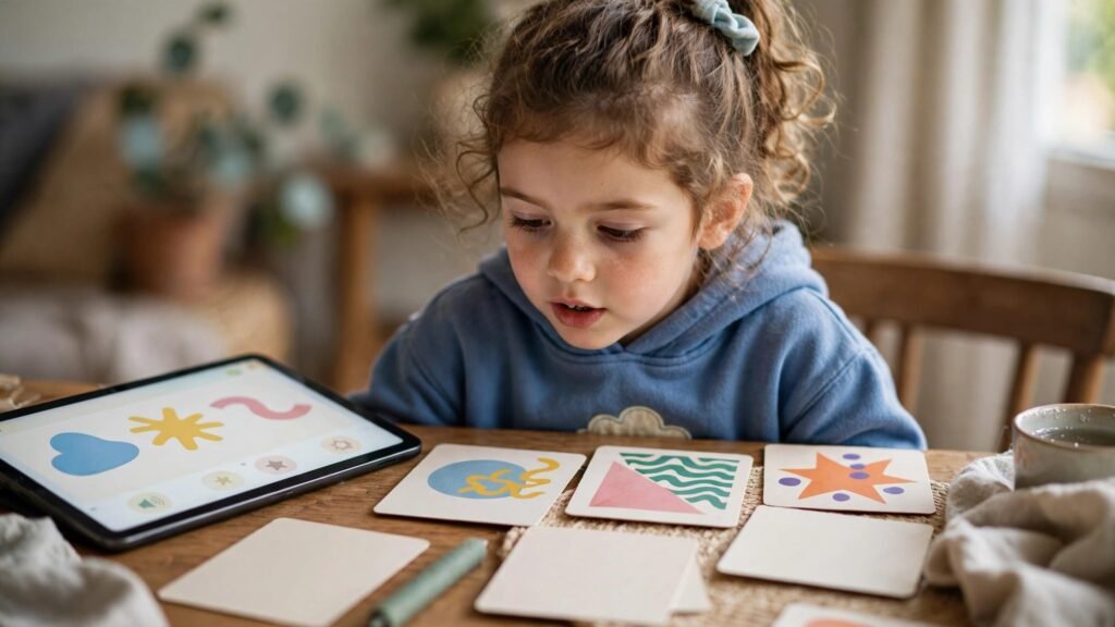 Child practising speech sounds with a tablet therapy app