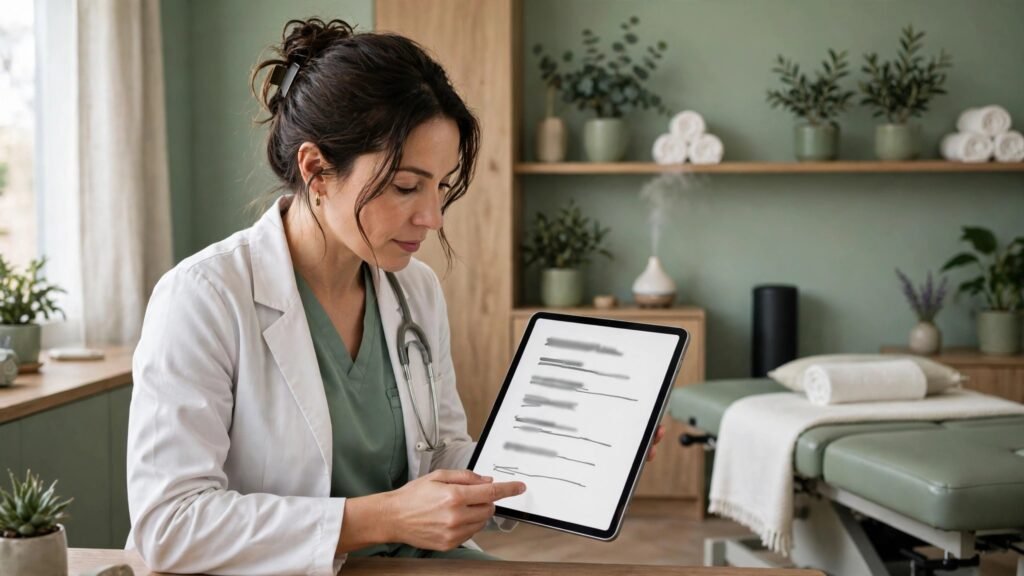Chiropractor reviewing a visit note on a tablet