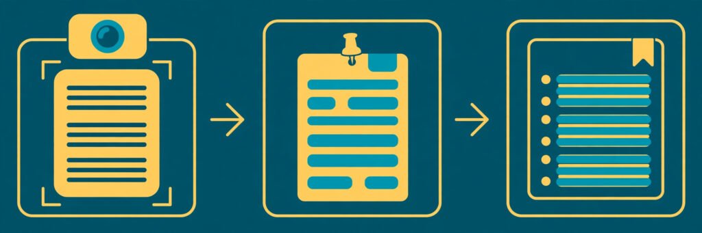 Flat vector illustration of a citation workflow from paper capture to bibliography