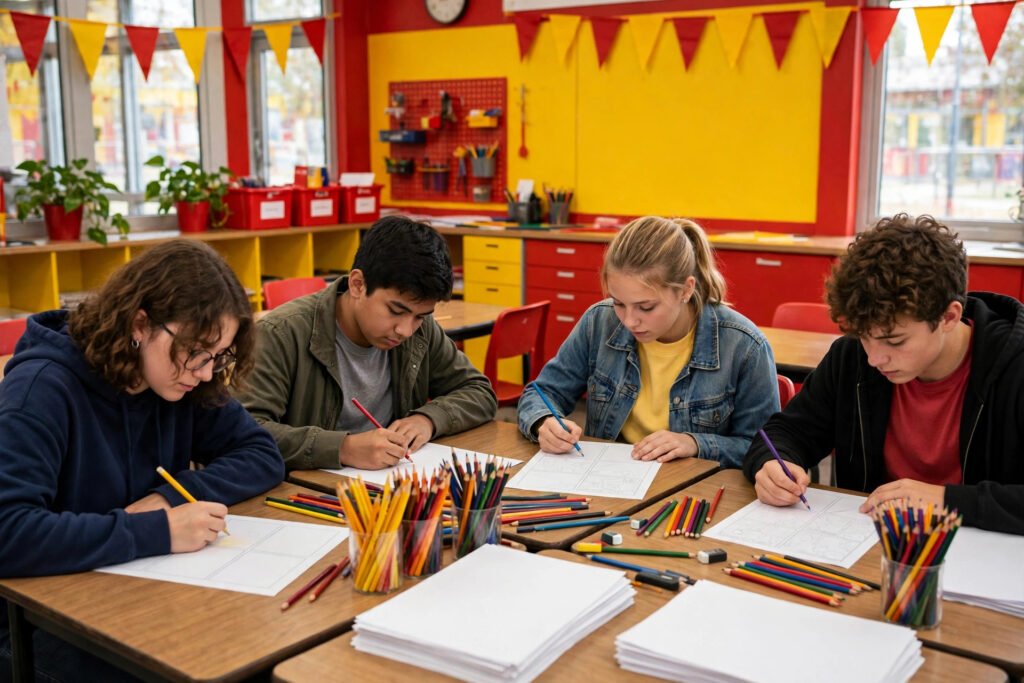 Editorial photo of students making comics in a classroom