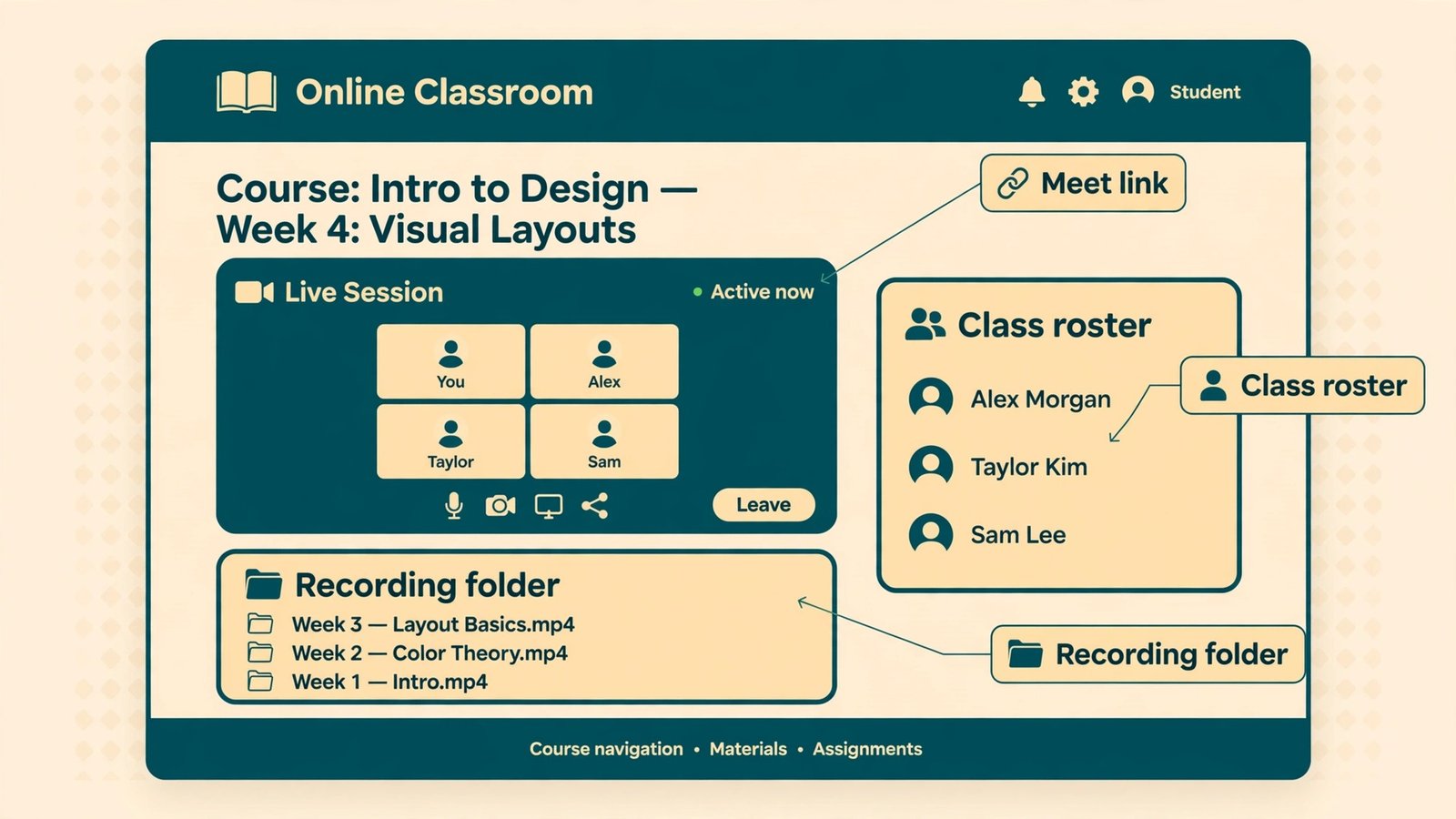 Annotated Classroom page showing Meet link roster and recording folder