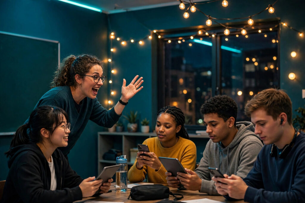 Photorealistic photo of a teacher running a live classroom quiz game