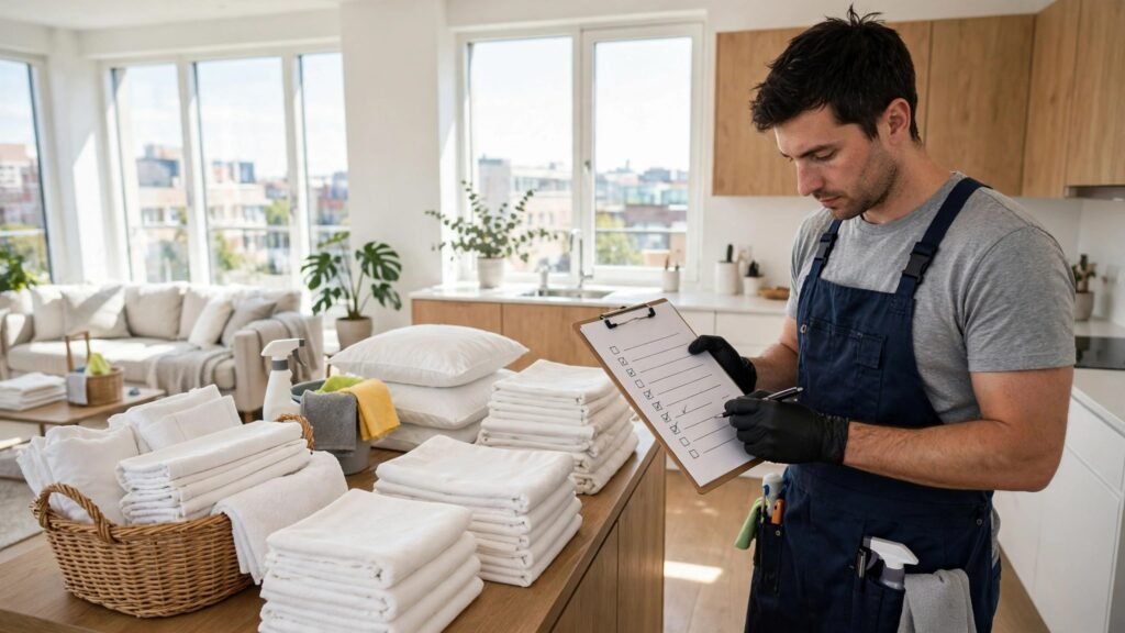 Cleaner following a turnover checklist in an apartment