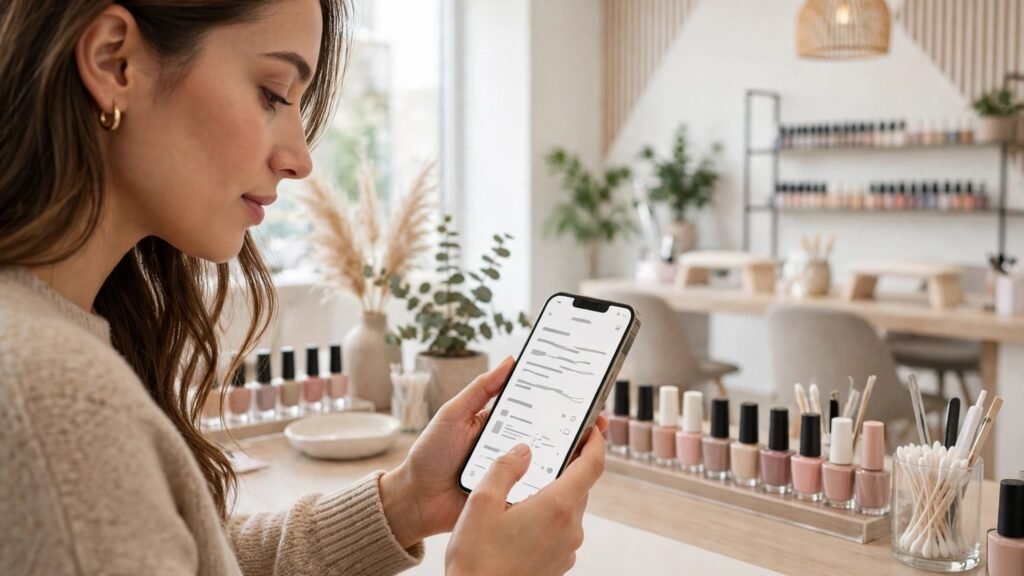 Client booking a nail appointment online on a phone