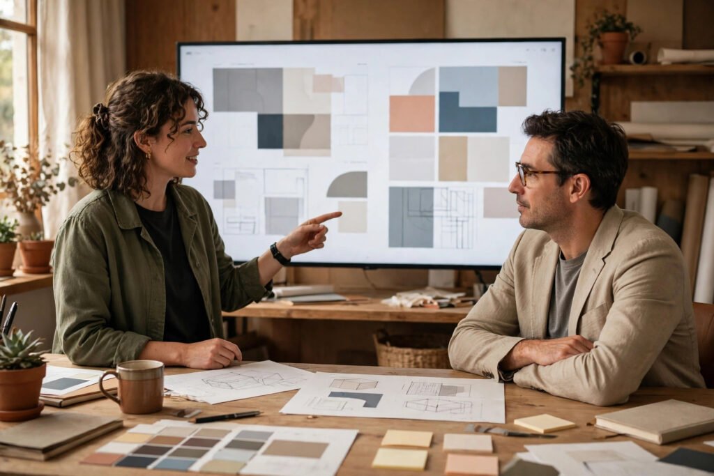 Editorial photo of a designer presenting work to a client on a large screen
