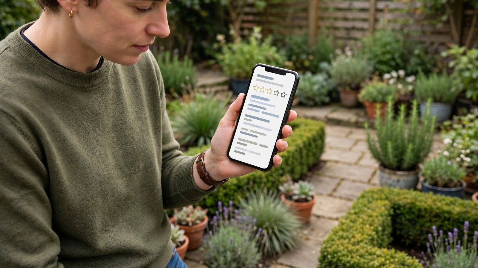 Client reading yard care reviews on a phone