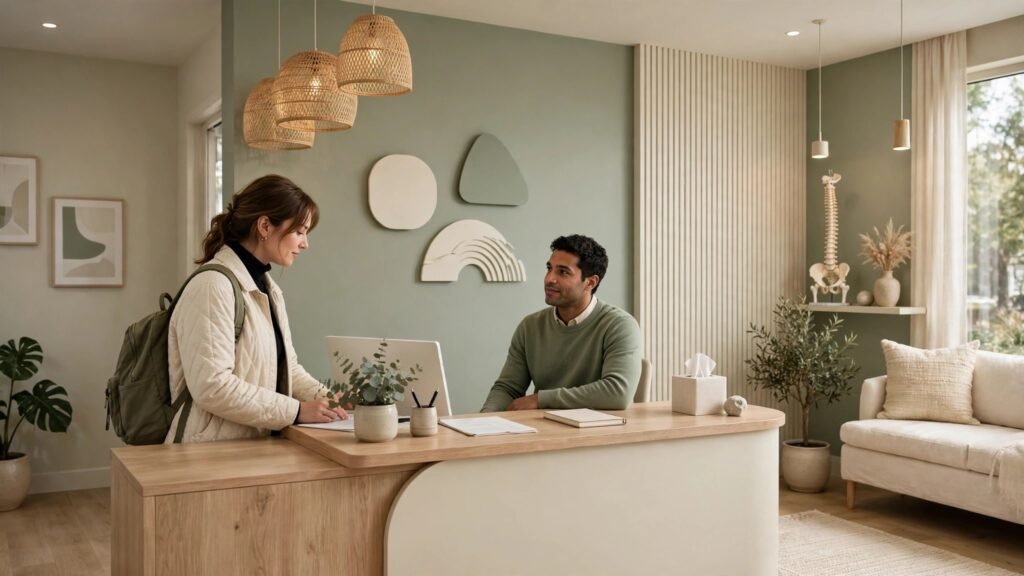 Chiropractic clinic reception with a patient checking in
