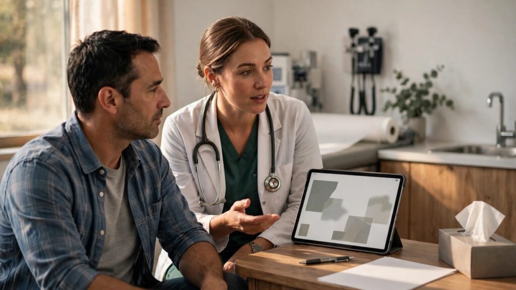 Clinician talking with a patient in an exam room while a tablet records notes