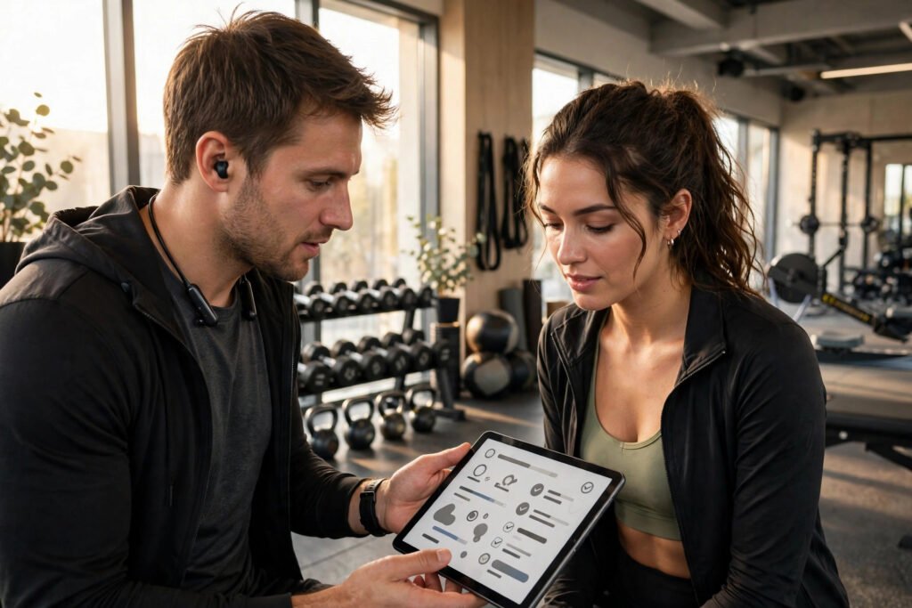 Coach reviewing a training program on a tablet with a client in a bright gym