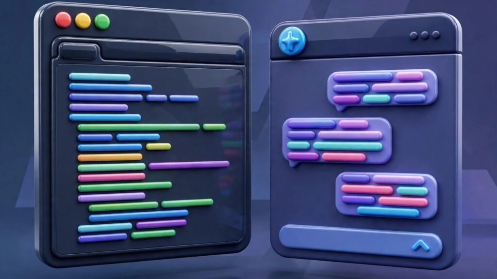 3D render of a code editor window with an AI assistant panel