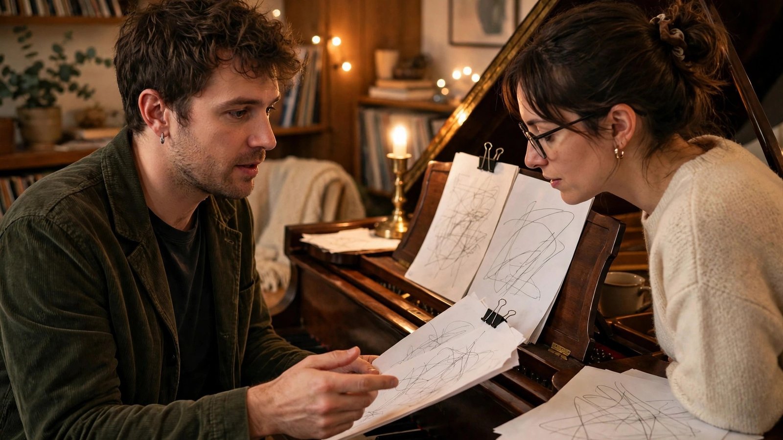 Songwriter and collaborator discussing lyric draft at piano