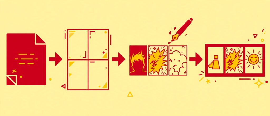 Flat vector illustration of a comic creation workflow from script to finished strip
