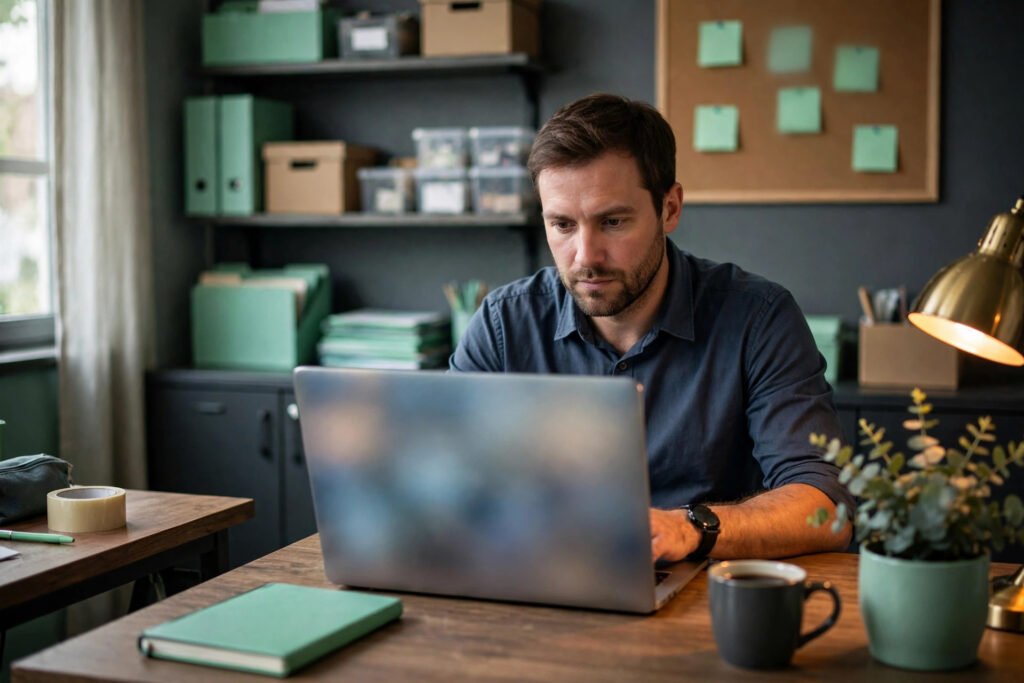 Editorial photo of a store manager checking competitor prices on a laptop