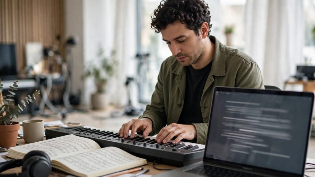 Editorial photo of a composer working at a keyboard in a studio