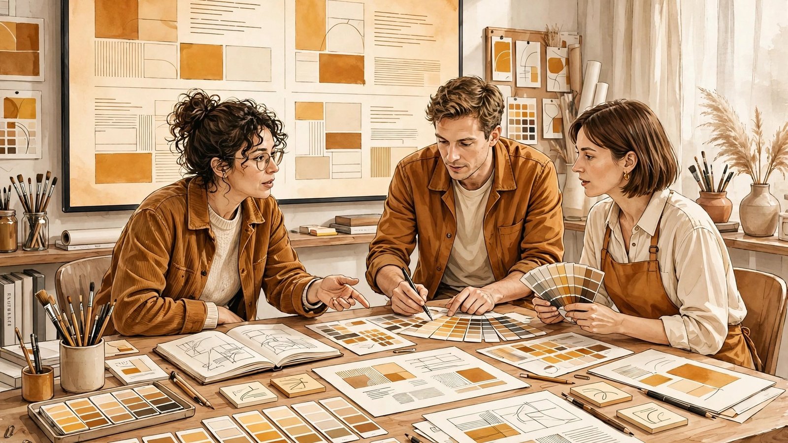 Design team collaborating on branded presentation slides