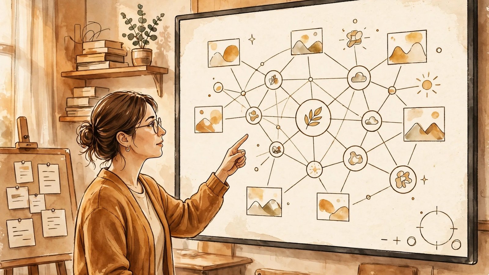 Teacher presenting a visual lesson using a zooming presentation canvas