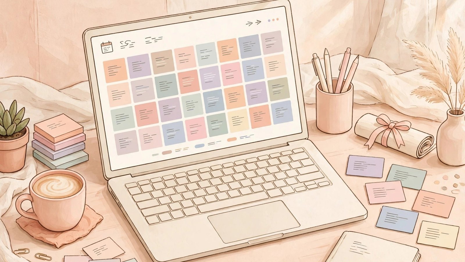 Content calendar on a laptop screen with scheduled posts across a month