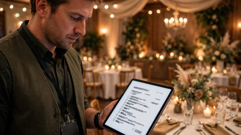 Event coordinator checking banquet event order on tablet