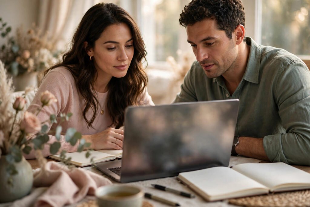 Photorealistic photo of a couple reviewing wedding budget and guest list