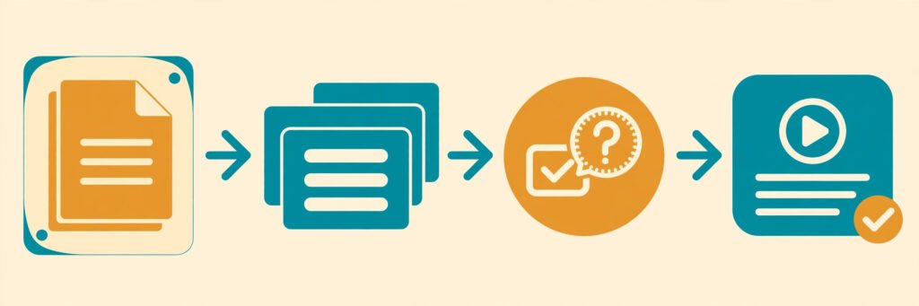 Flat vector illustration of a course building workflow from outline to published lessons