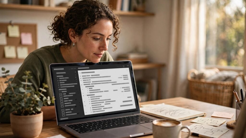 Creator building a course curriculum on a laptop