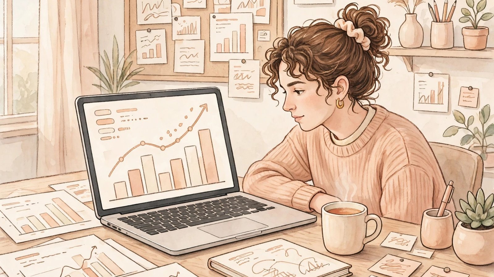 Creator reviewing analytics charts on a laptop with engagement data