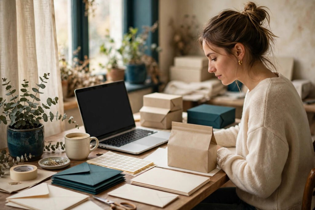 Creator preparing digital and physical products at a desk
